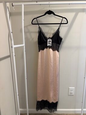 LPA Black and Blush Satin Lace-Trim Slip Dress